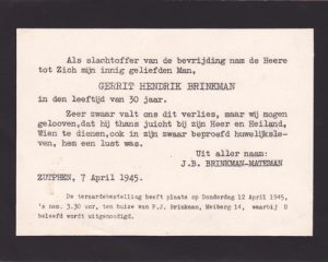 Rouwkaart van Gerrit Hendrik Brinkman