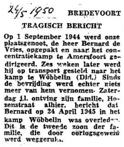Krantenbericht overlijden Bernard de Vries